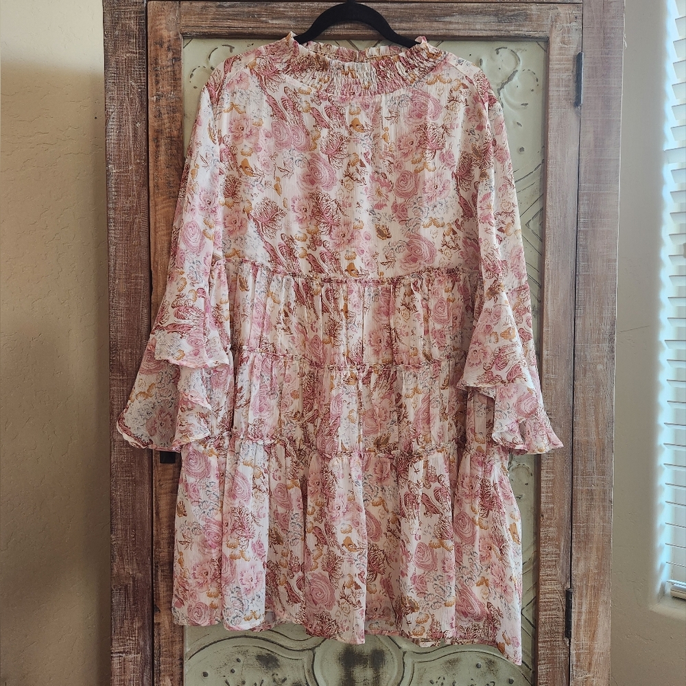 Fleastyle Tiered Sheer Floral Ruffled Bell Sleeves Mini Dress | XL